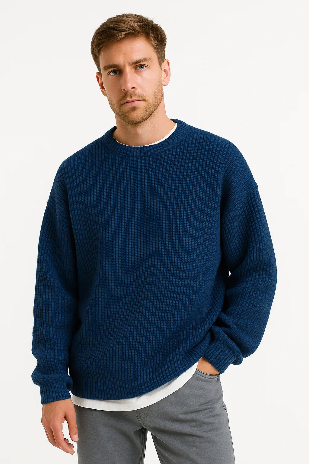Stickad Tröja för Män med Ribbad Design | Oversized Passform för Komfort och Värme 0
