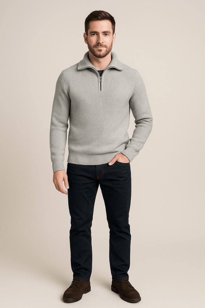 Stilren | Stickad Tröja med Halv Dragkedja och Hög Krage | Komfortabel Design för Vardagsbruk 0