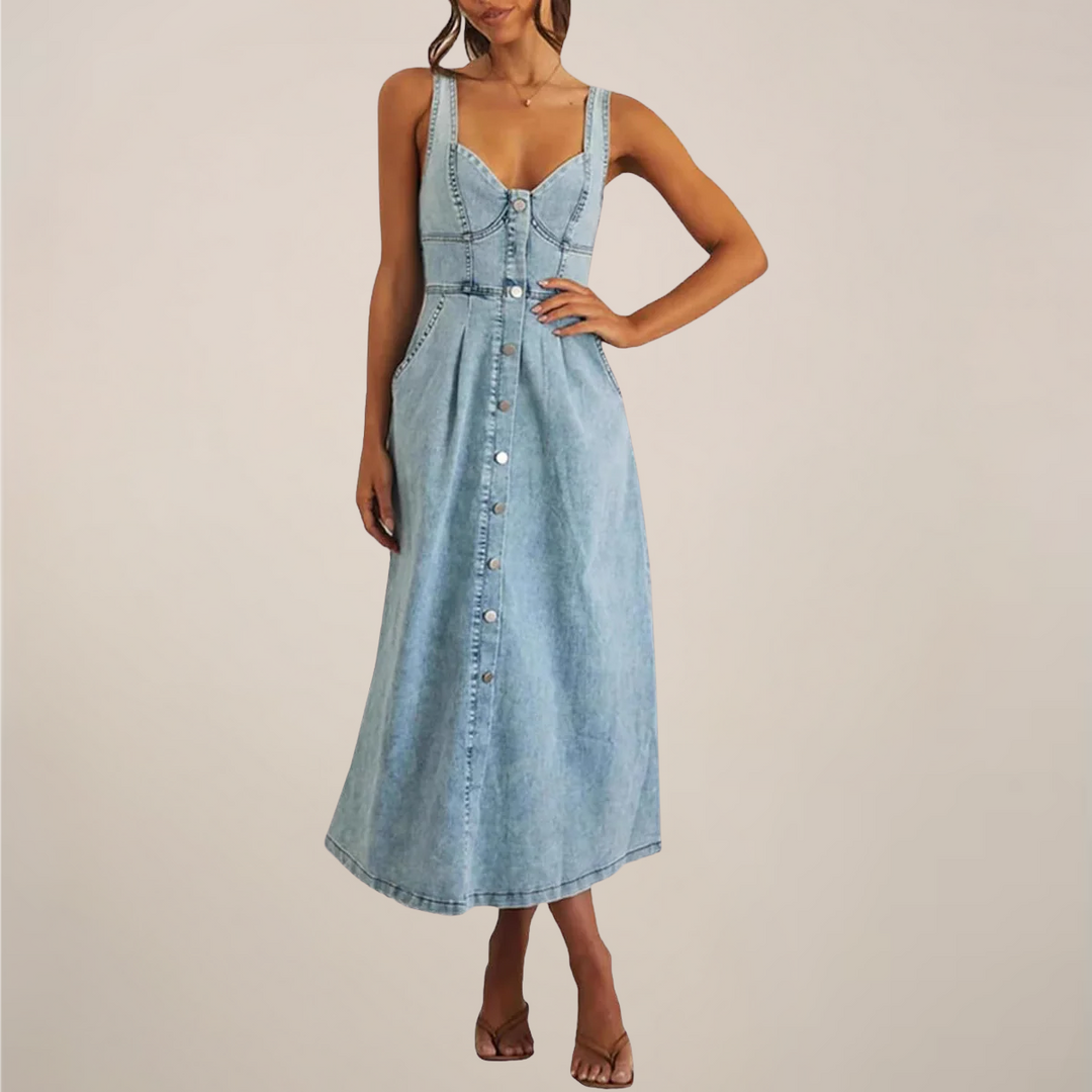 Tidlös | Jeansklänning Dam med Ärmlös Design och Knapp Framtill | Elegant och Allsidig för Vår och Sommar 0