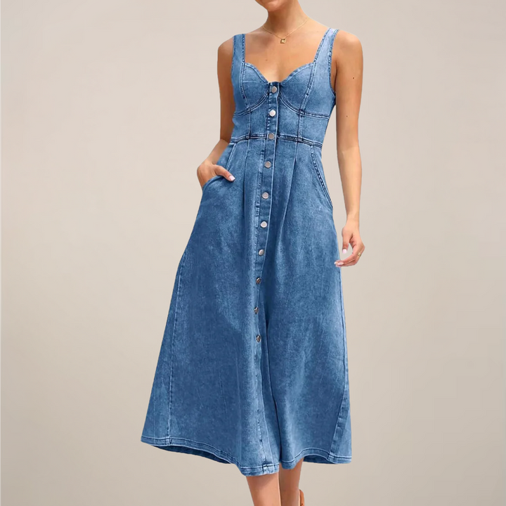 Tidlös | Jeansklänning Dam med Ärmlös Design och Knapp Framtill | Elegant och Allsidig för Vår och Sommar 1