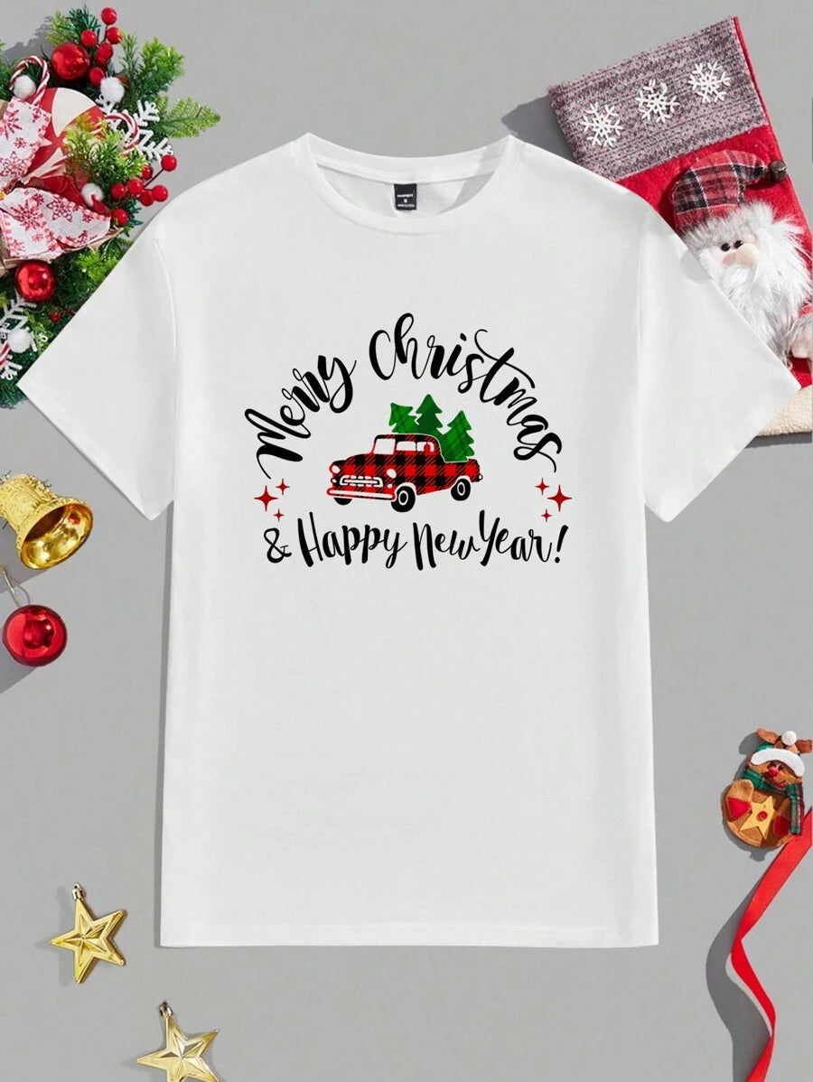 Vintage Lastbil | Unisex Kortärmad T-Shirt med Julgran Grafik | Bekväm Topp för Julfirande 0