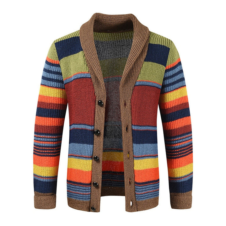 Vintage Randig Stickad Cardigan för Män med Mångsidig Knappstängning | Tidlös Stil för Allt 0