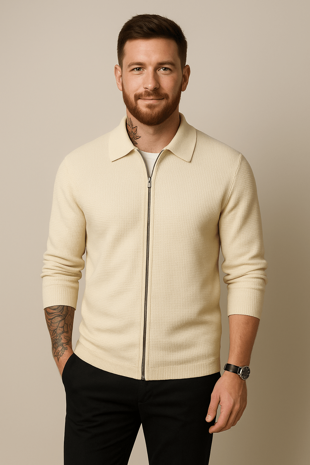 Zip Cardigan för Män med Våffelstickad Textur | Modern Passform för Komfort och Stil 0