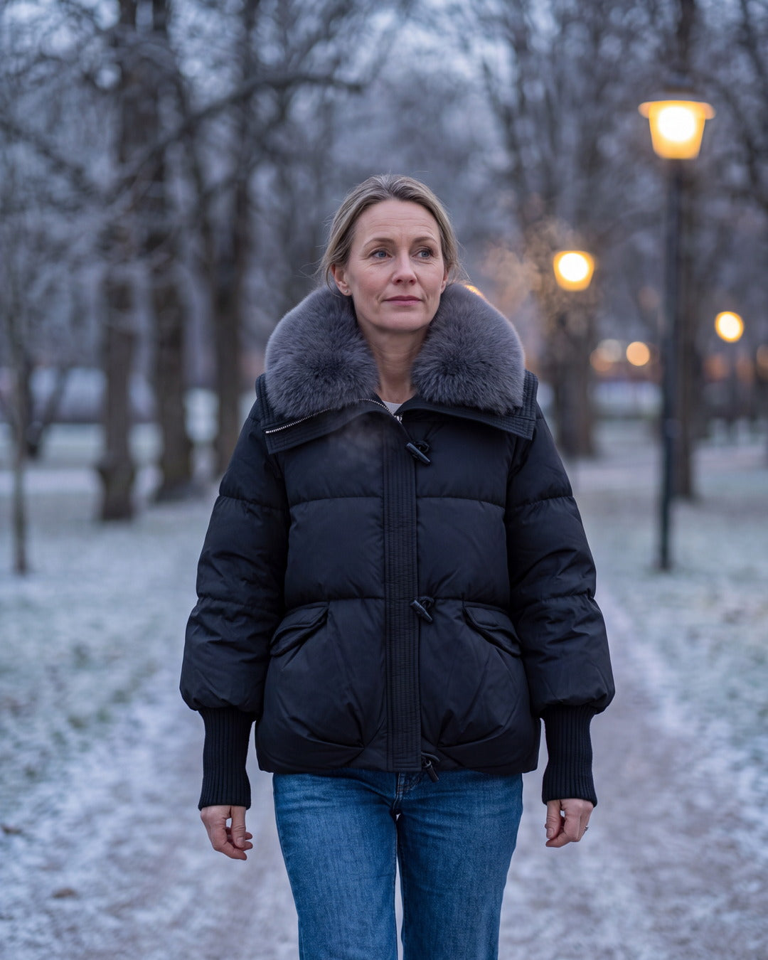 Svart cropped dunjacka med grå pälskrage – genererad livsstilsbild
