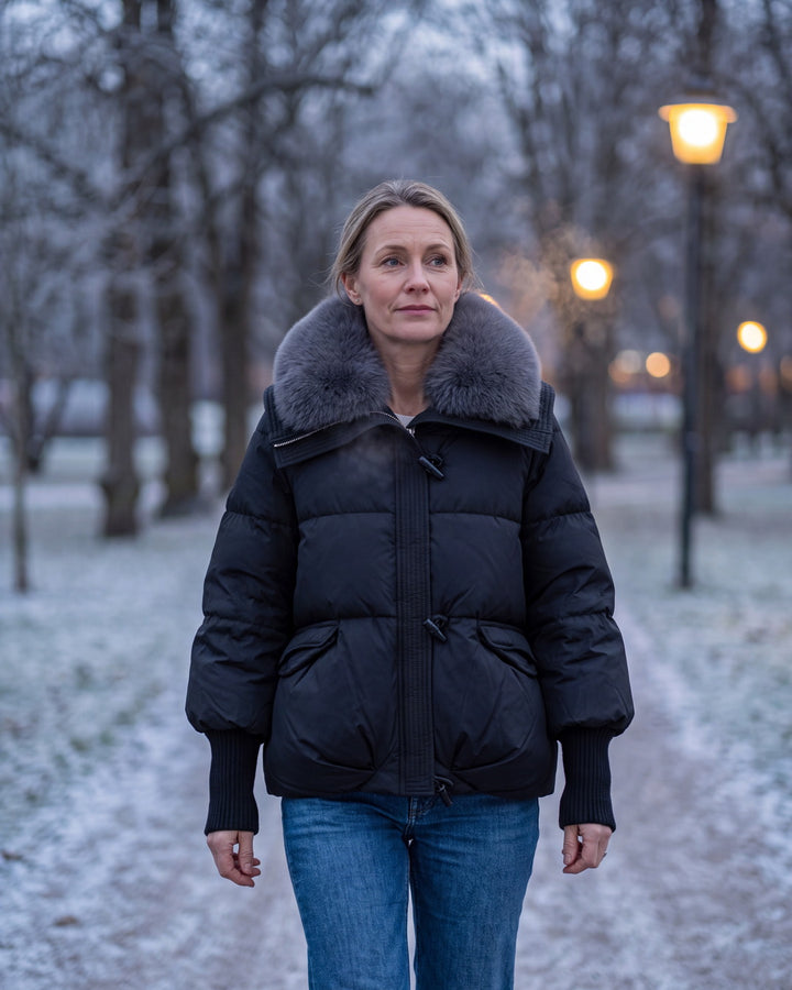 Svart cropped dunjacka med grå pälskrage – genererad livsstilsbild