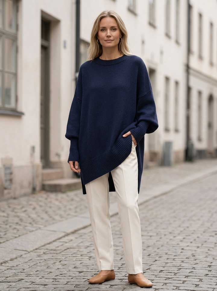 Sophie elegant stickad damtröja med modern passform - Marinblå