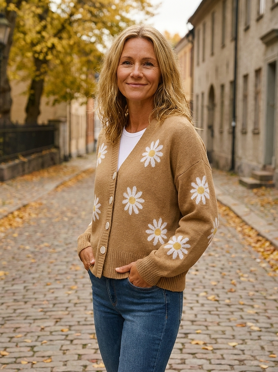 Sophie mysig blommönstrad stickad kofta i khaki med vita prästkragar, buren över vit topp och jeans på höstgata – Lissandra.se