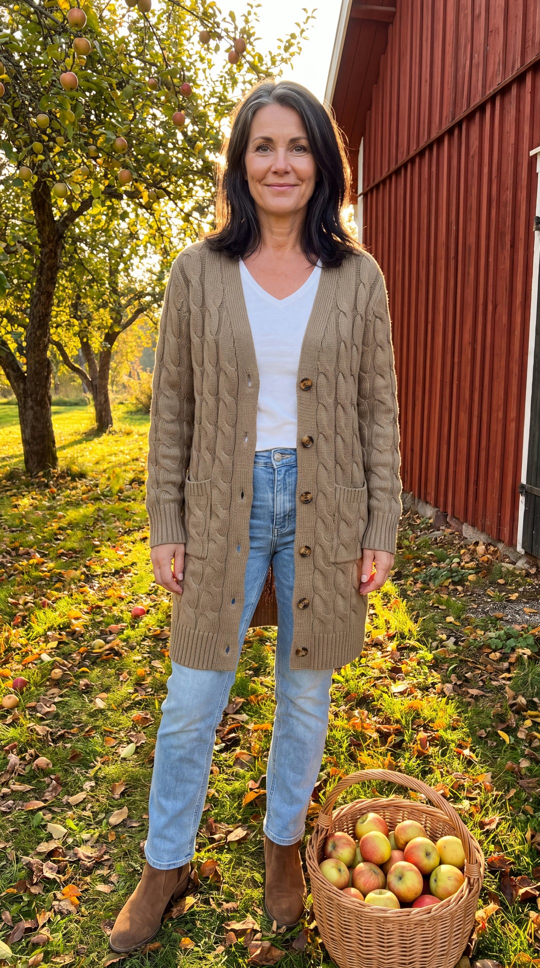 Kvinna i lång kabelstickad kofta i khaki med knäppning och fickor, vit topp och ljusa jeans i en höstträdgård