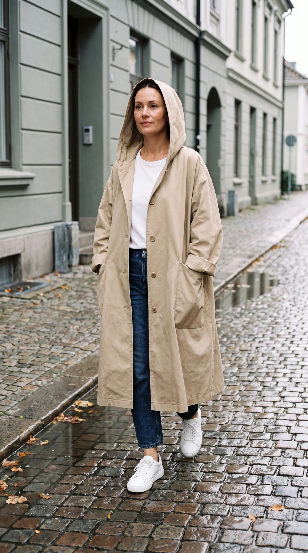 Kvinna i beige oversized regnkappa med huva på en regnvåt kullerstensgata