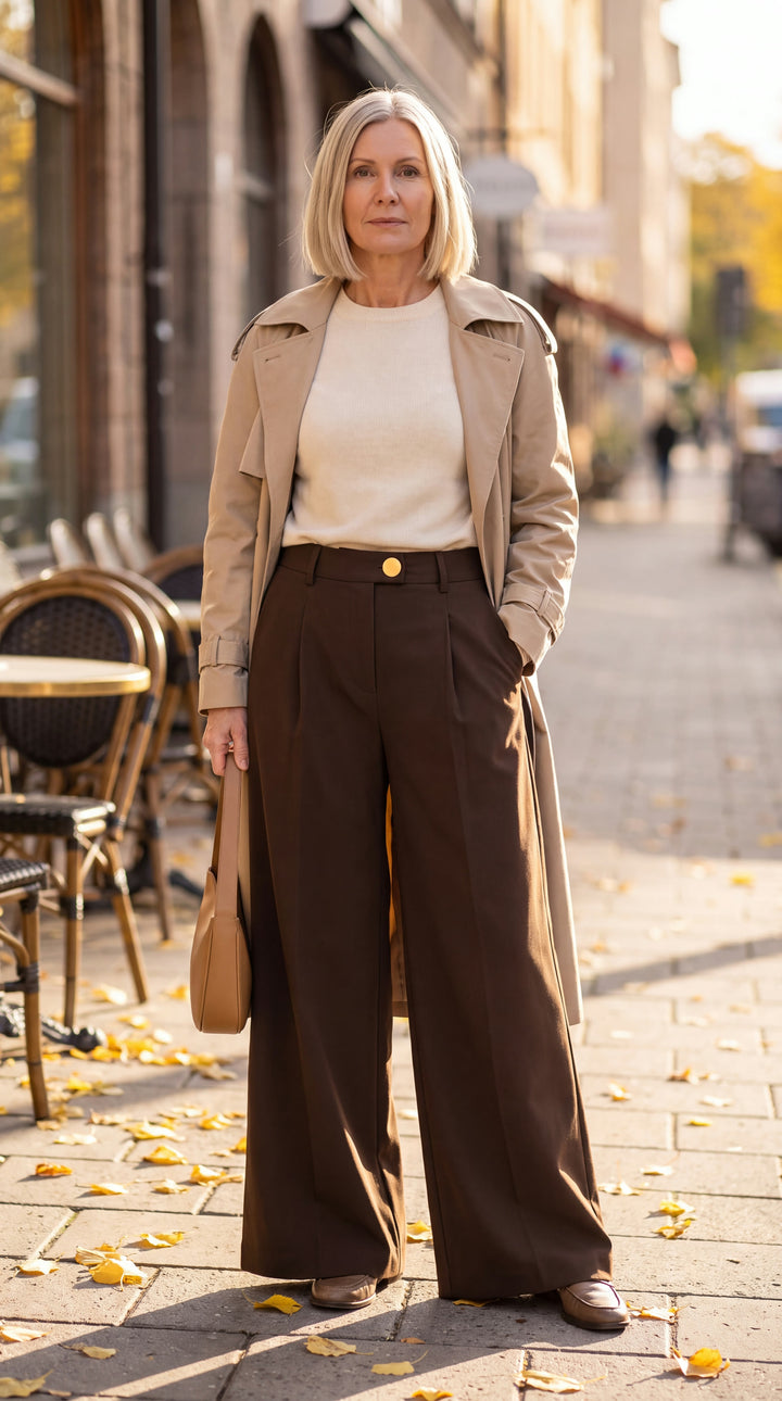 Kaffebruna plisserade dambyxor med hög midja, vida ben och guldknapp, burna med beige trenchcoat och krämvit stickad tröja