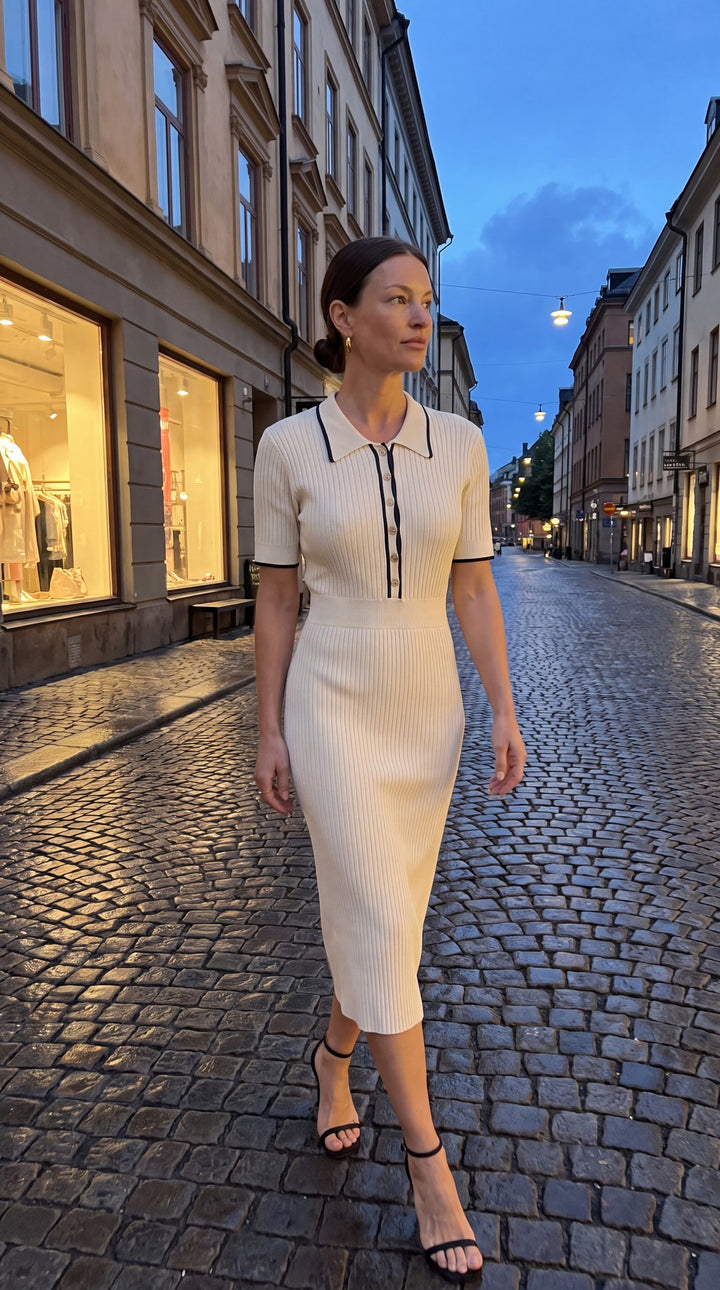 Kvinna i beige stickad midiklänning med polokrage och kontrastknappar på en stadsgata i skymning