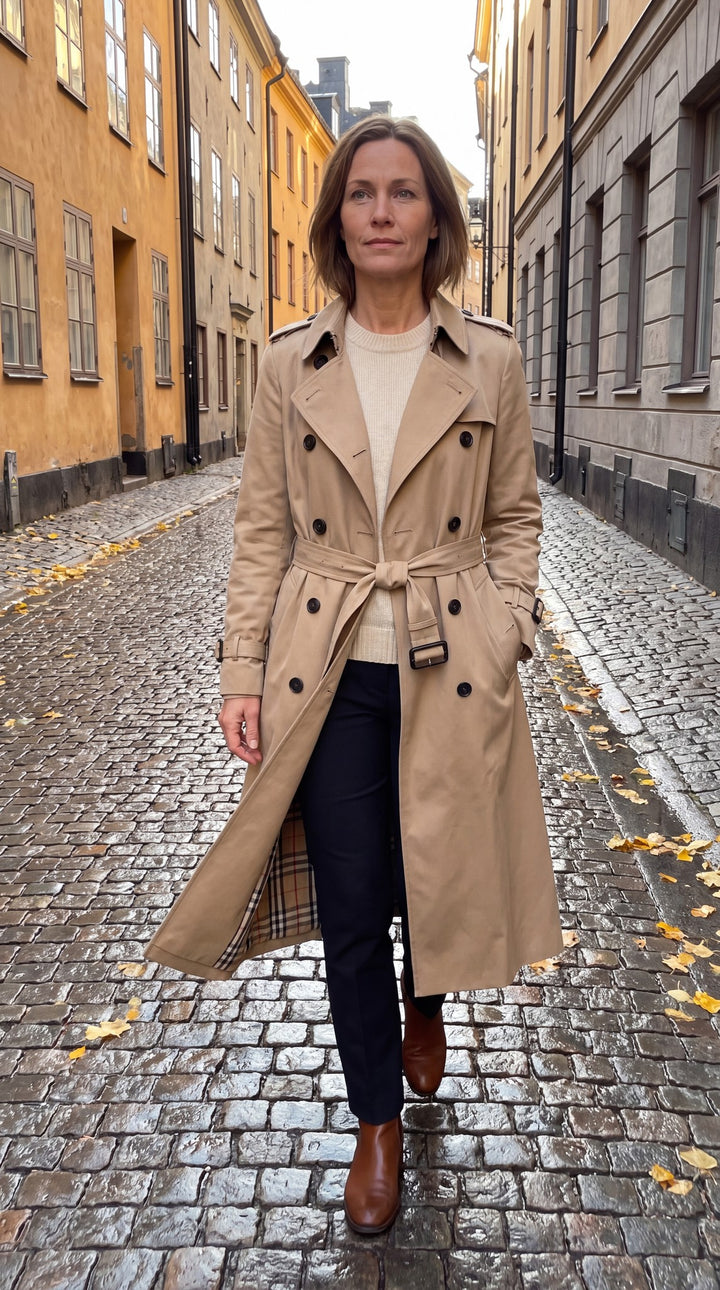 Kvinna i beige dubbelknäppt trenchcoat med bälte och rutigt foder på en kullerstensgata