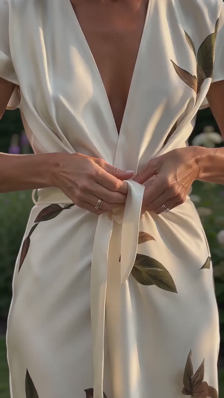 Kort film som visar elegant omlottklänning med v-hals och korta ärmar i rörelse — passform, material och detaljer.