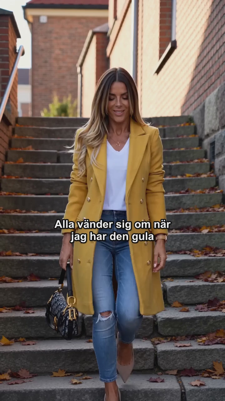 Elegant Kappa | Dubbelknäppt Lång Kappa för Kvinnor med Fickor | Trendig Gul Färg för Vinterstyl