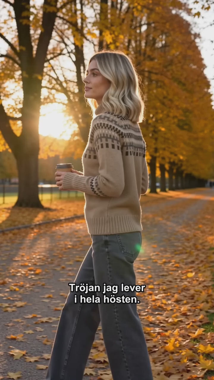 Kvinna visar chunky-stickad polotröja med Fair Isle-mönster i camel och brunt, buren till jeans en höstdag