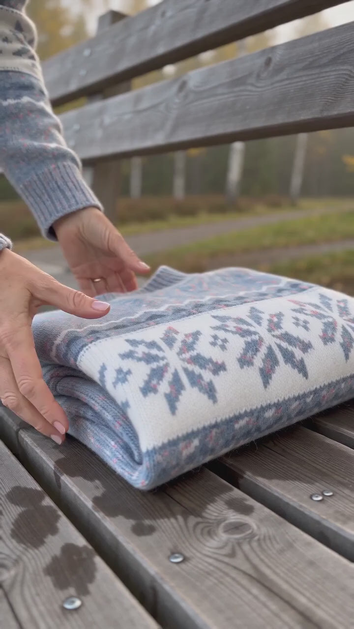 Kort film som visar mjuk mönstrad stickad tröja för dam med snöflingemönster i rörelse — passform, material och detaljer.