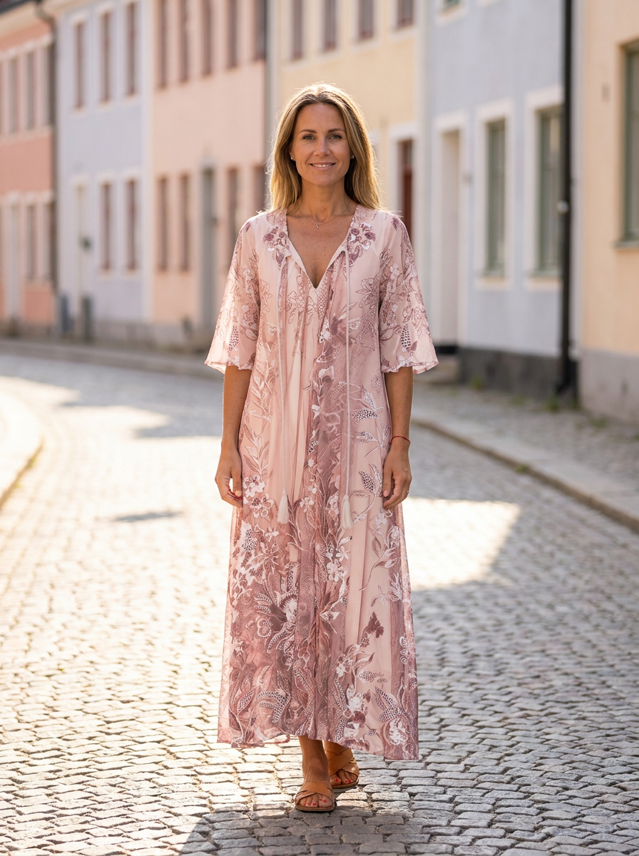 Sophie blommig maxiklänning i puderrosa med halvlånga vida ärmar, buren på solig kullerstensgata i gammal svensk stadskärna – Lissandra.se