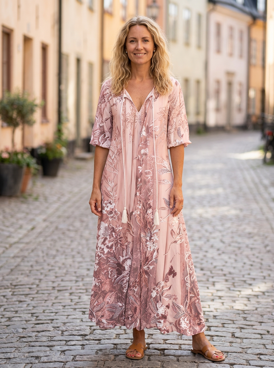 Sophie elegant blommig maxiklänning i puderrosa med spetsmönster, v-ringning och tofsknytning, buren på kullerstensgata – Lissandra.se